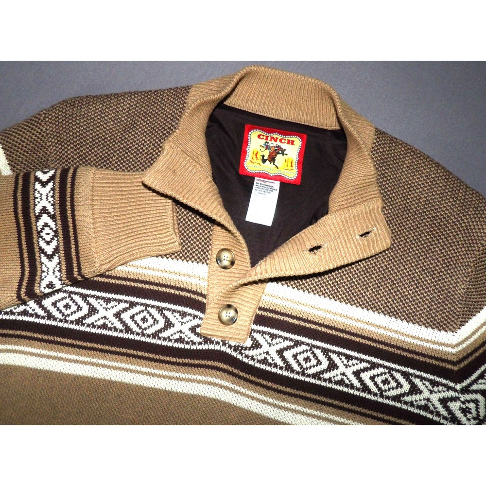 CINCH Pull Over AZTEK Print Lined Mock Collar Henley Knit Sweater Men's Small
